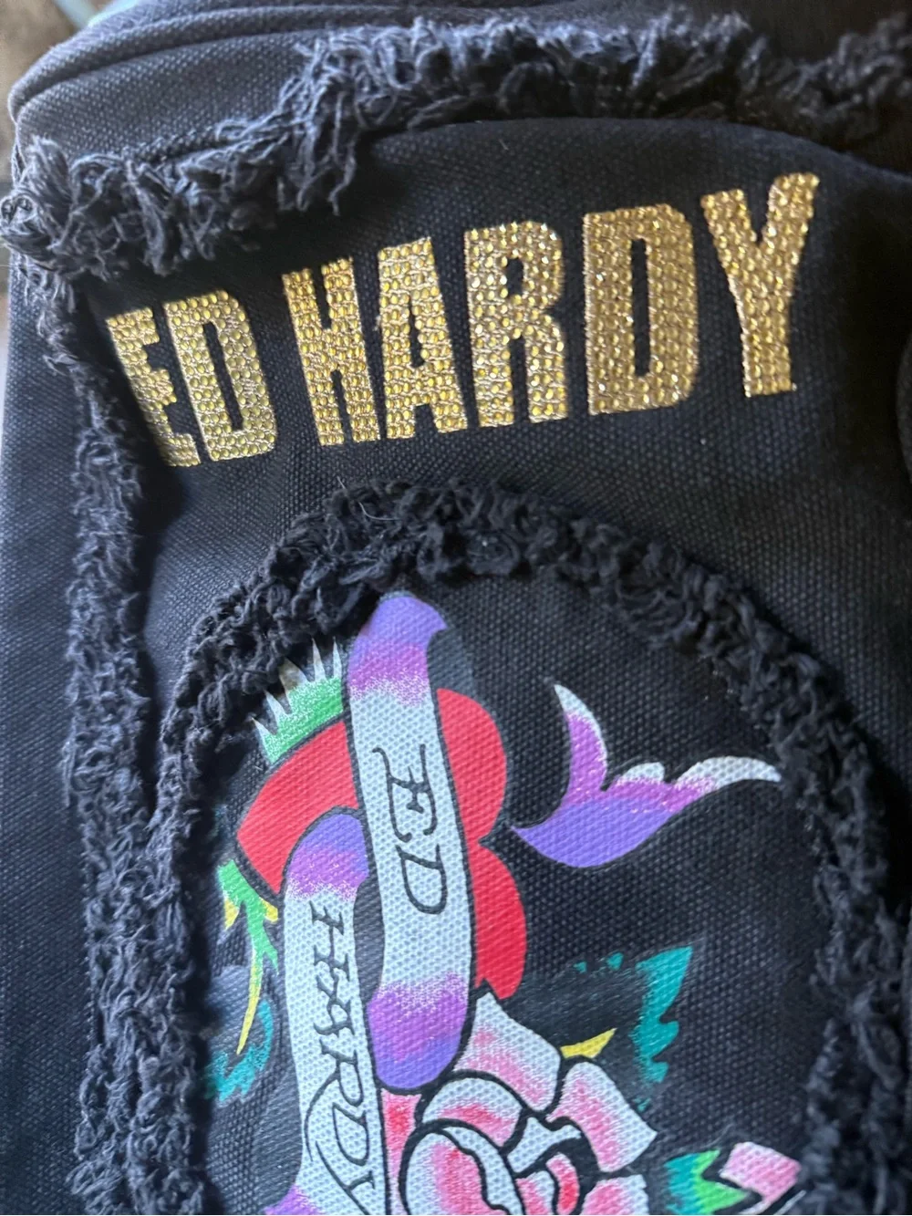 Vintage Y2K Ed Hardy Black Canvas Floral Logo Tote Bag